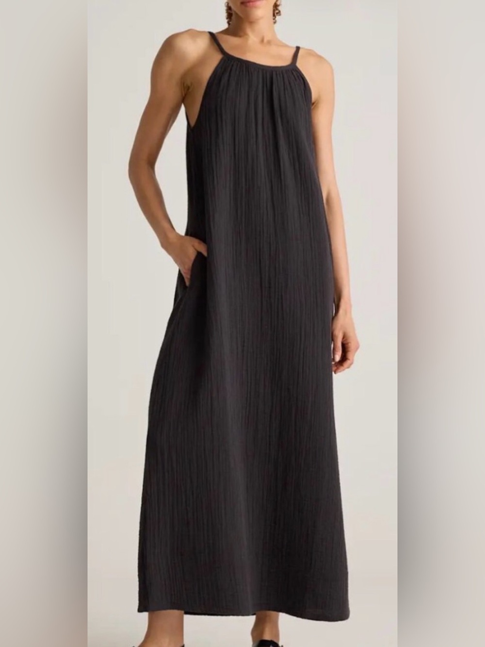 Quince 100% Organic Cotton Gauze Sleeveless Maxi Dress in Black Size Medium